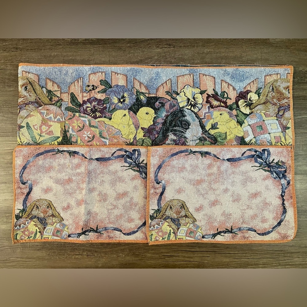 Lillian Vernon‎ Easter Tapestry Table Runner Rabbits 70" Long & 2 Placemats C33